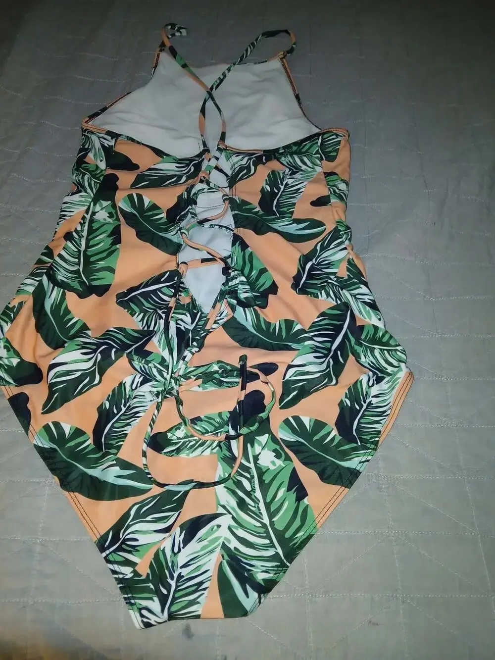 Tropical Leaf Print Lace-Up Back One-Piece Swimsuit